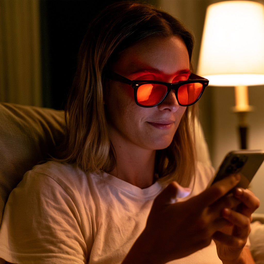 Frau liegt abends im Bett, schaut auf ihr Smartphone und trägt eine Brille mit rot getönten Gläsern