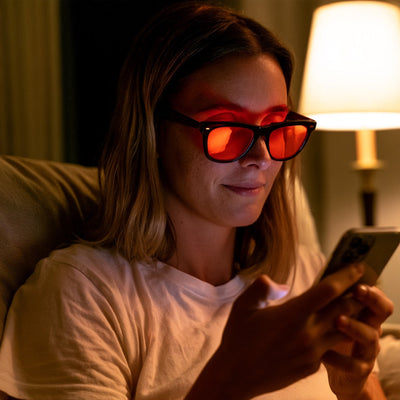 Frau liegt abends im Bett, schaut auf ihr Smartphone und trägt eine Brille mit rot getönten Gläsern